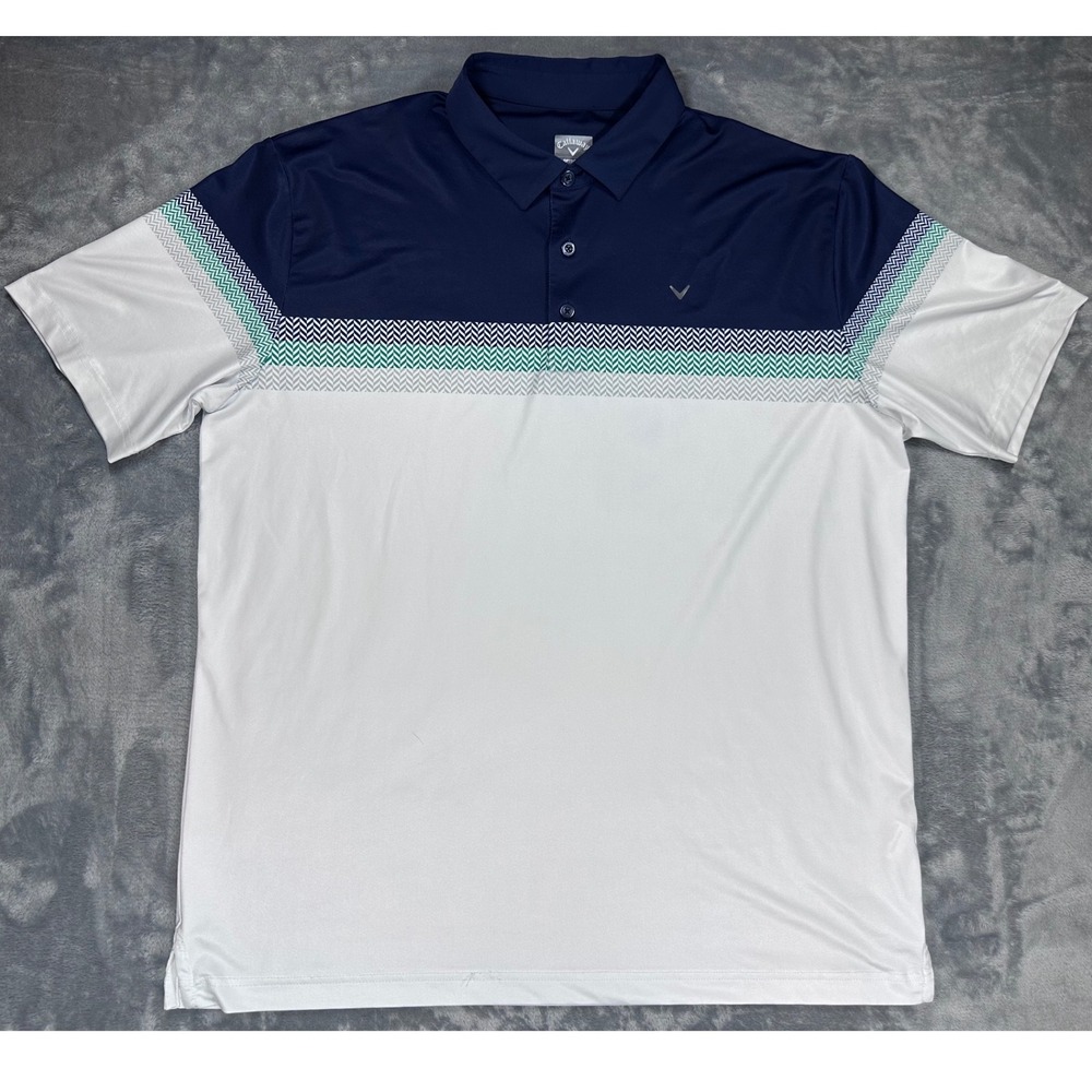 Callaway Opti-Dri Mens Large Golf Polo Shirt Navy White Chevron Stripe Stretch